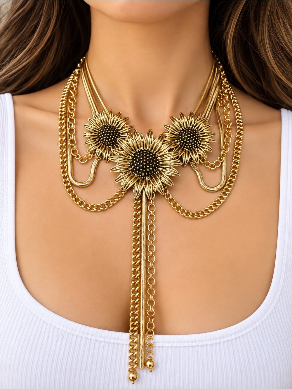 Vintage Sunflower Statement Necklace Gold Tone Layered Chain Boho Floral Bib Nec